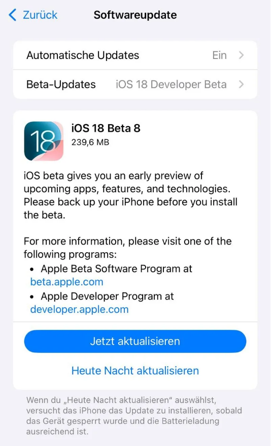 绥化苹果手机维修分享苹果 iOS / iPadOS 18 开发者预览版 Beta 8 发布 